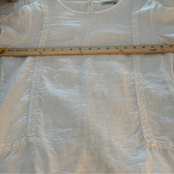 Italian White Linen Short Sleeve Tunic Blouse M Button Back Coastal Cottagecore - Picture 9 of 10